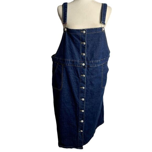 Denim Button Up Overall Pinafore Skirt 2XL Blue Stretch Pockets Adjustable Strap - Picture 1 of 7